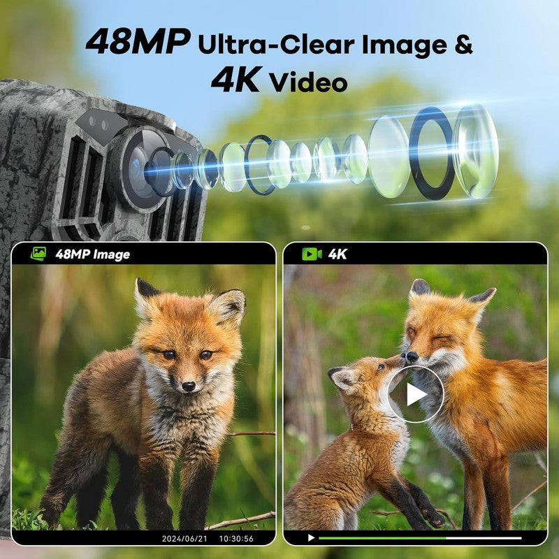 Trail Camera 48MP 4K Game Cam 8 Batteries 32GB WiFi Bluetooth Night Vision IP661