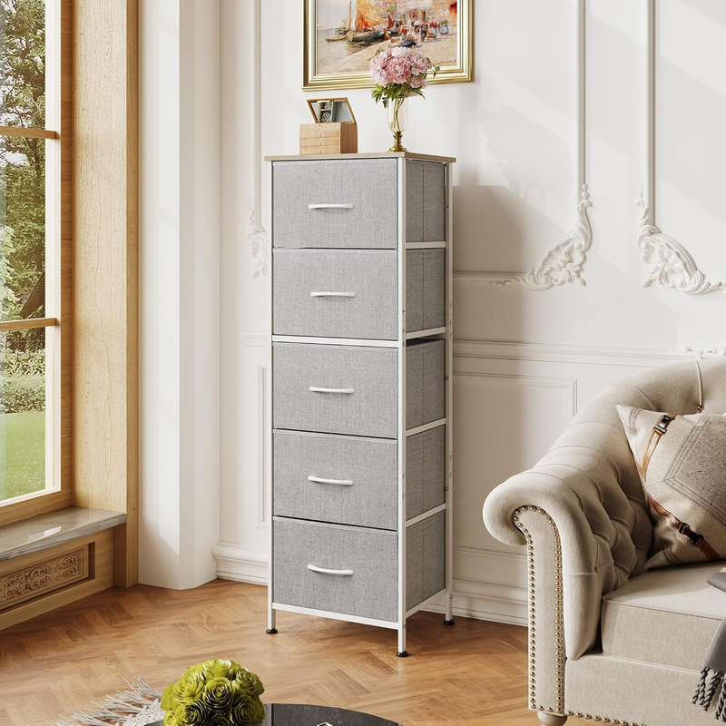5 Drawer Tall Fabric Dresser Organizer Chest Steel Frame Light Grey1