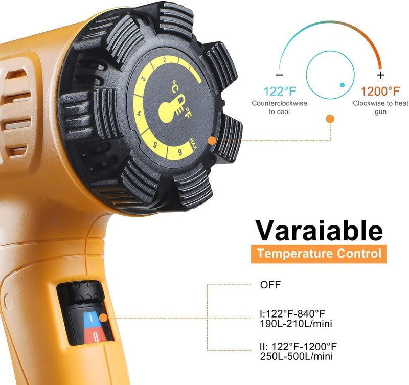 Heat Gun 1800W Variable Temp 122-1202F Hot Air Kit 4 Nozzles Overheat Heavy Duty2