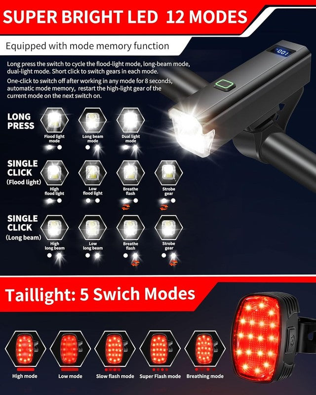 6000LM USB-C Rechargeable Bike Headlight & Tail Light Set 12+5 Modes Waterproof2