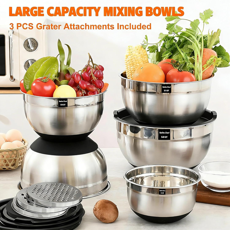 26PC Stainless Steel Mixing Bowl Set w/ Lids Grater Non Slip Base2
