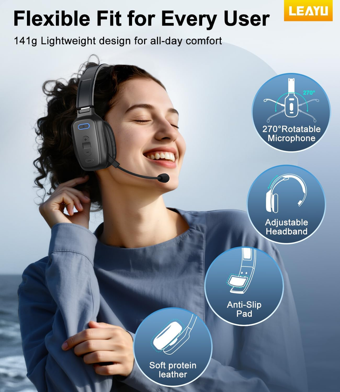 Bluetooth Headset V5.2 Noise Cancelling 60H Single Ear Wireless Mic4