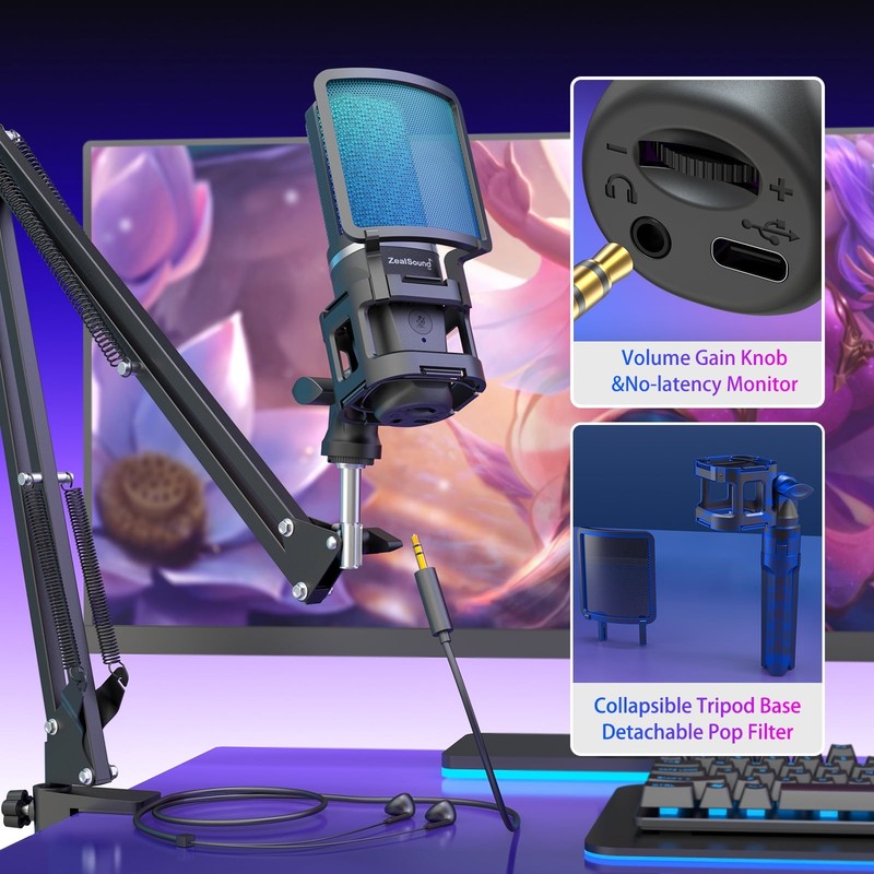 Gaming USB Microphone RGB Noise Cancel Mute Gain Boom Arm Pop Filter PC Podcast2