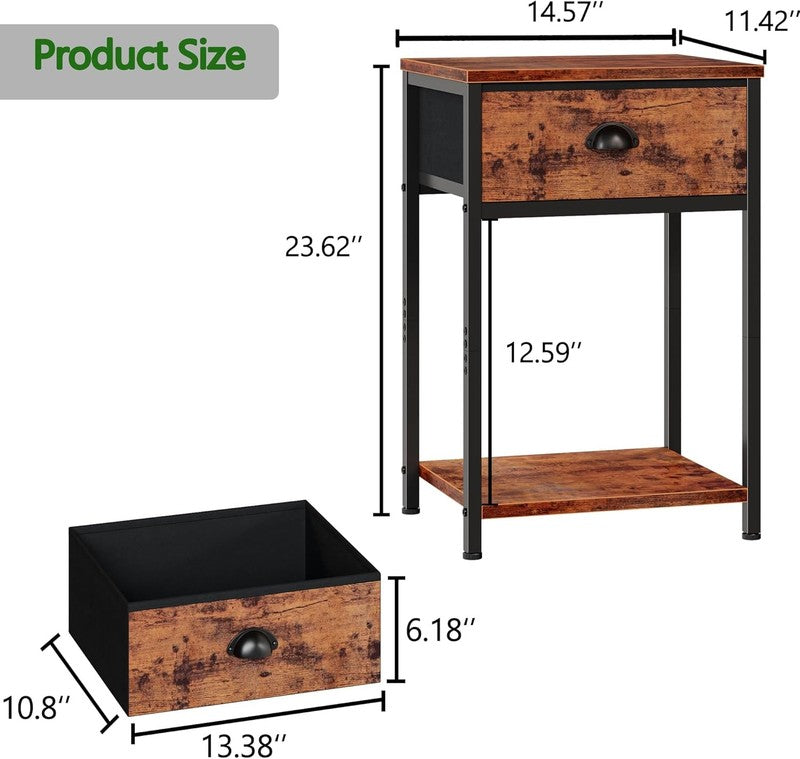 Set of 2 Nightstands w/ Fabric Drawer & Storage Shelf Rustic Brown Bedside Table2