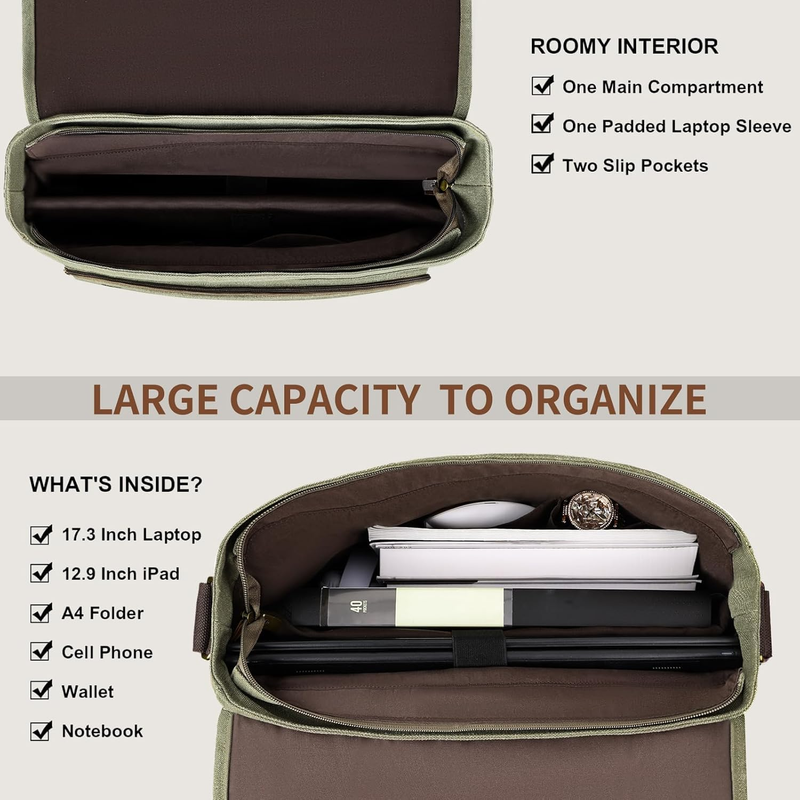 Mens Messenger Bag 17.3in Water Resistant Briefcase Satchel Army Green7