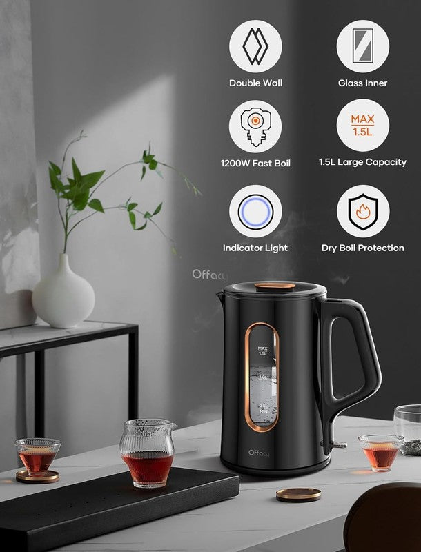 Electric Kettle 1.5L 1200W Double Wall Glass Fast Boil Hot Water Boiler Black2