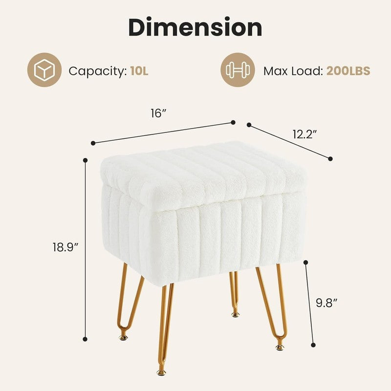 Vanity Stool Ottoman with Storage Faux Fur Seat Footrest Chair 4 Metal Legs2