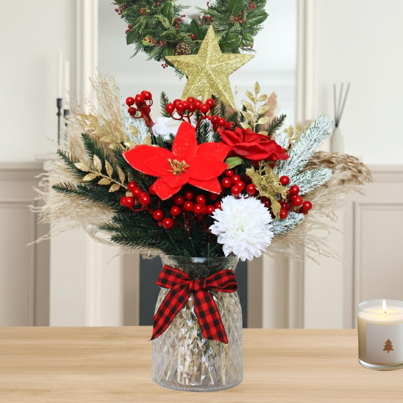 100 Pcs Christmas Centerpiece Floral Arrangement Red Berry Poinsettia Decor7