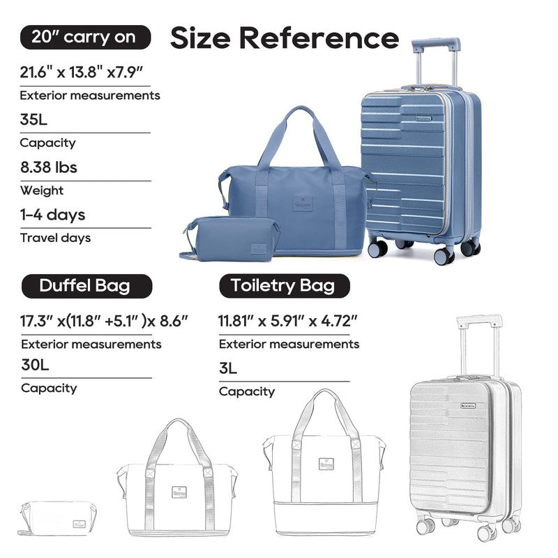 3 Piece Front Opening Cover Carry On Luggage Side Hooks TSA Lock Spinner Wheels 3