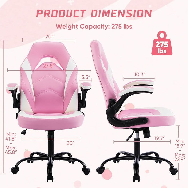 Big & Tall Gaming Office Chair PU Leather Swivel Flip Up Arms Lumbar Pink1