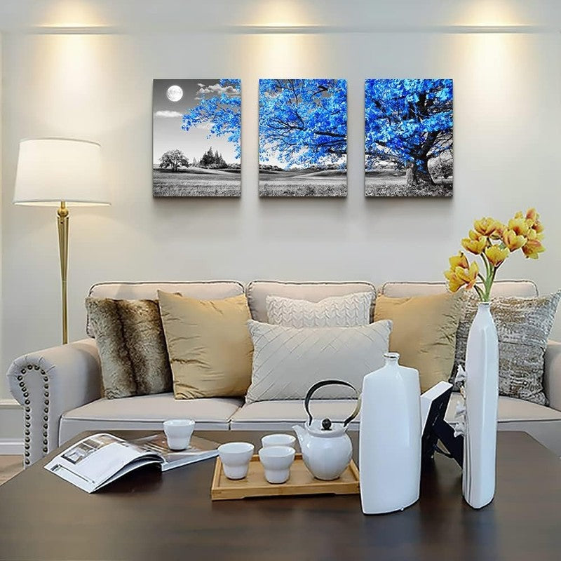 Black and White Blue Tree Moon Canvas Wall Art Set for Home Decor 12"x16"3