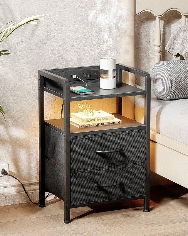 Nightstand w/ Charging Station LED Light 2 Fabric Drawers USB & AC Outlets1