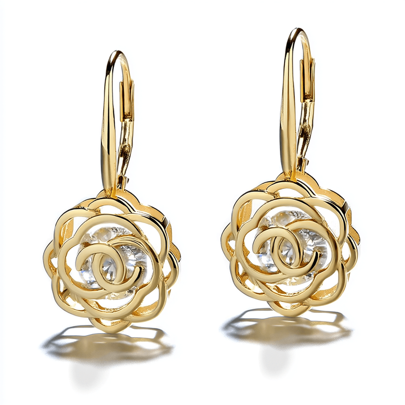 14K Yellow Gold Plated Caged with Crystals Rose Lever Back Earrings3