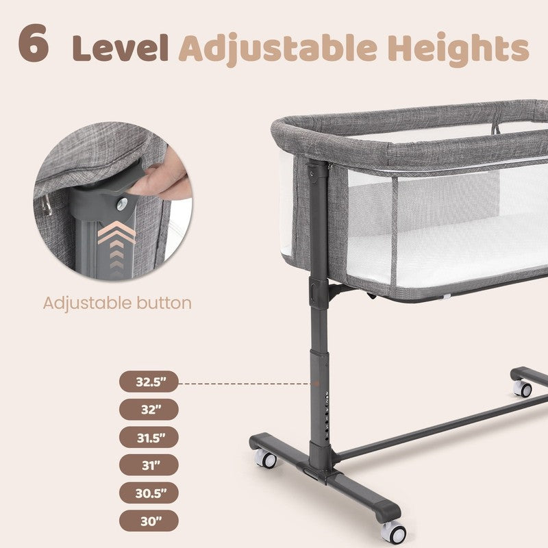 Baby Bassinet with Wheels Grey Height Adjustable Bedside Sleeper for Newborns5