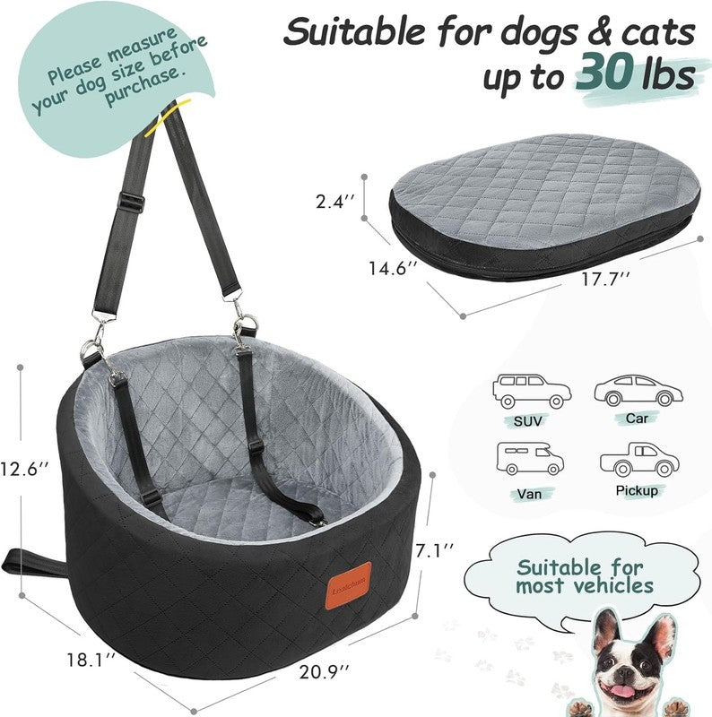 Dog Car Seat Small Dogs up to 30lbs Memory Foam Washable Anti Slip Black/Grey1