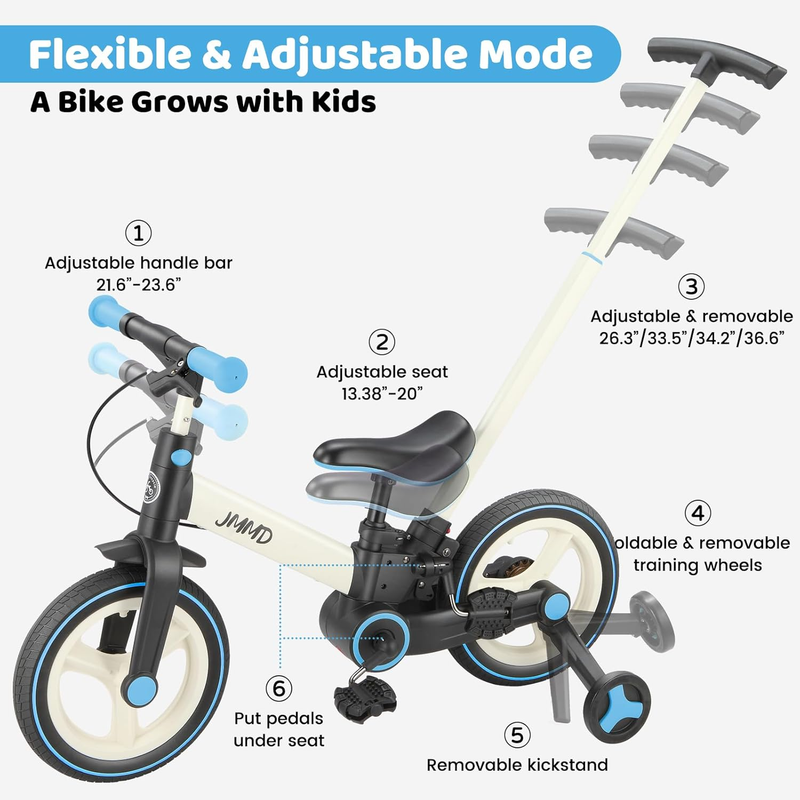6-in-1 Toddler Bike 12" Balance Bike Push Handle Training Wheels Kids3