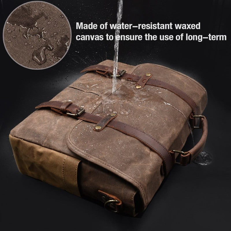 Mens Messenger Bag 15.6in Waterproof Leather Canvas Laptop Briefcase Brown1
