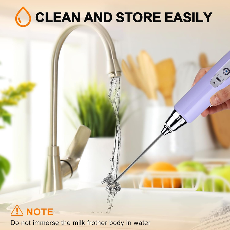 Milk Frother Handheld Rechargeable 3 Speed 3 Heads Coffee Whisk Purple6