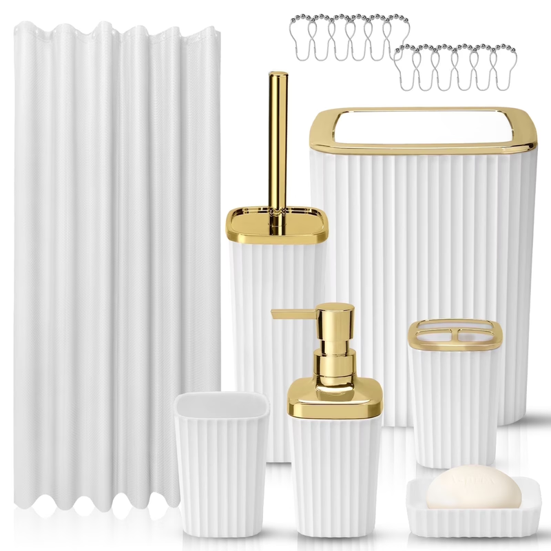 19 Pcs White Bathroom Accessories Sets with Shower Curtain, Specially Designed f6