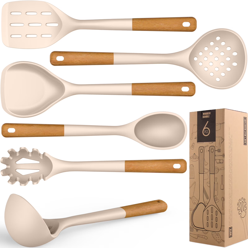 Large Silicone Kitchen Utensil Set Wooden Handle Heat Resistant Khaki10