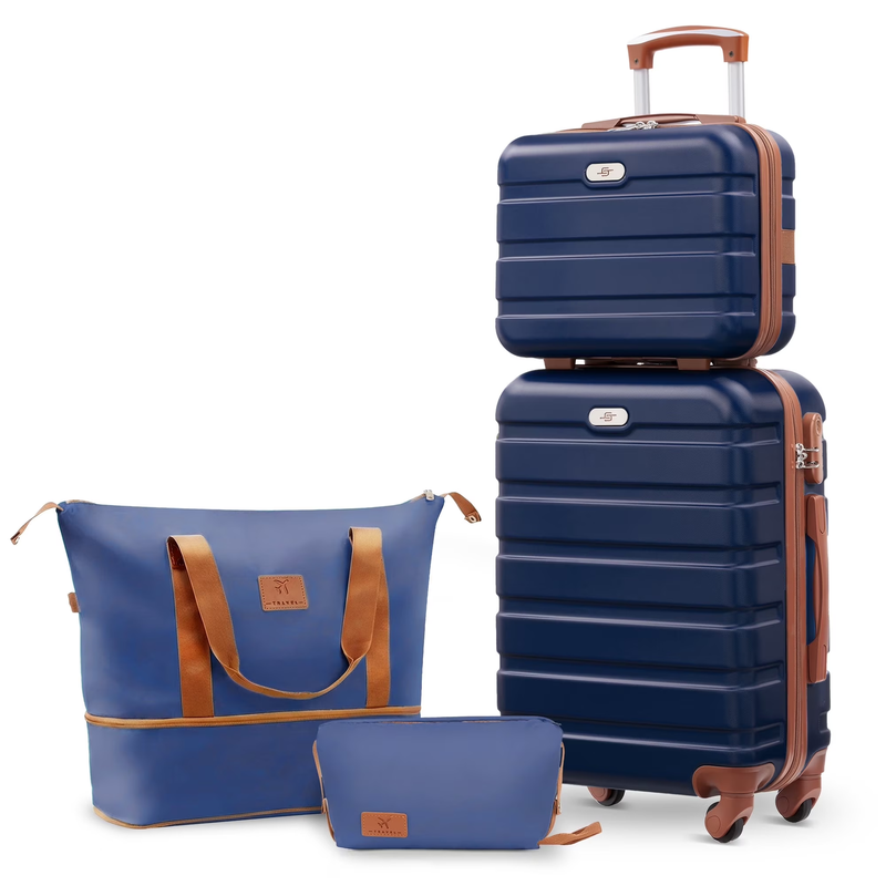 4 Piece Luggage Set Hardside ABS Carry On 14 20 Inch Expandable Navy Blue Tan0