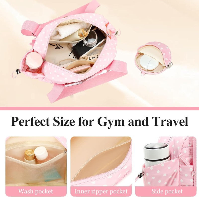 Mini Gym Bag Women Quilted Duffel Wet Compartment Yoga Dance Polka Pink 12.6"5
