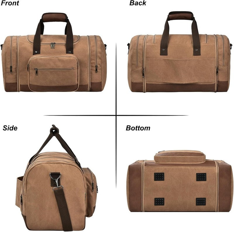 50L Canvas Duffle Bag Coffee w/ Toiletry Bag Travel Gym Weekender Carry On5