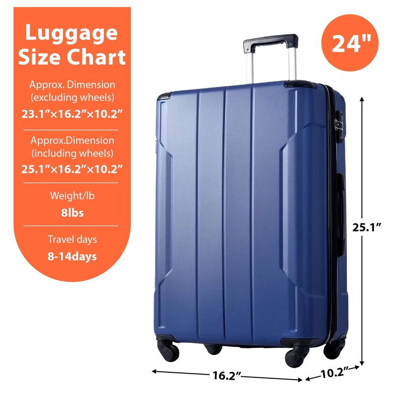 Carry on Luggage 24 Inch, ABS+PC Lightweight 65L Capacity Hardshell Suitcase wit2