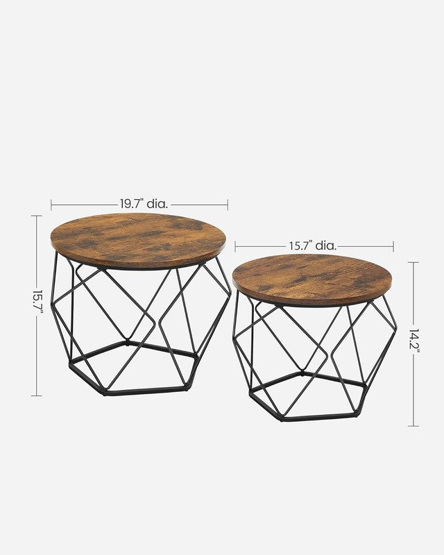 Small Round Coffee Table Set of 2 Steel Frame Side End Tables Rustic Brown Black2