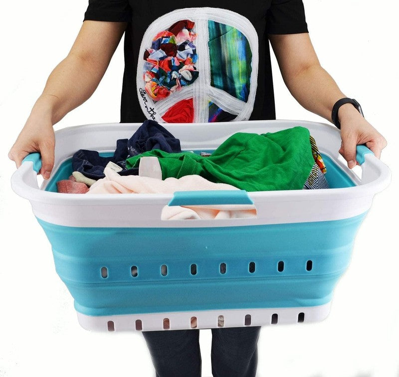 42L Collapsible Plastic Laundry Basket White/Bright Blue Foldable Hamper5