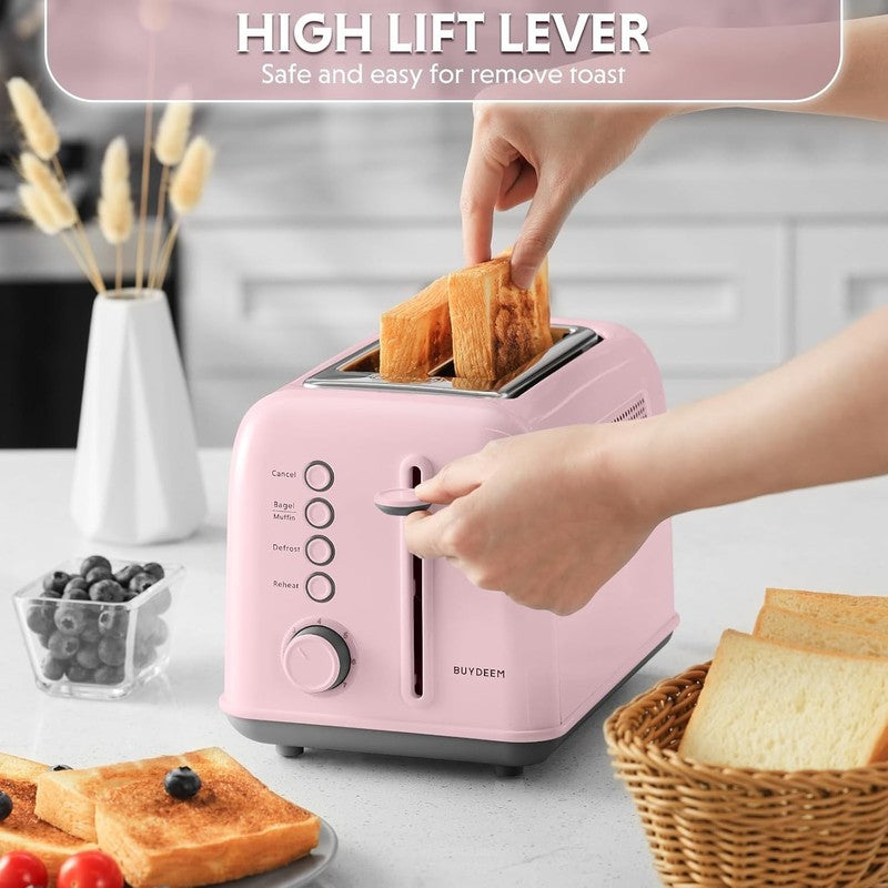 Retro 2 Slice Toaster Extra Wide Slots Stainless Steel 7 Shade Bagel Muffin Pink5