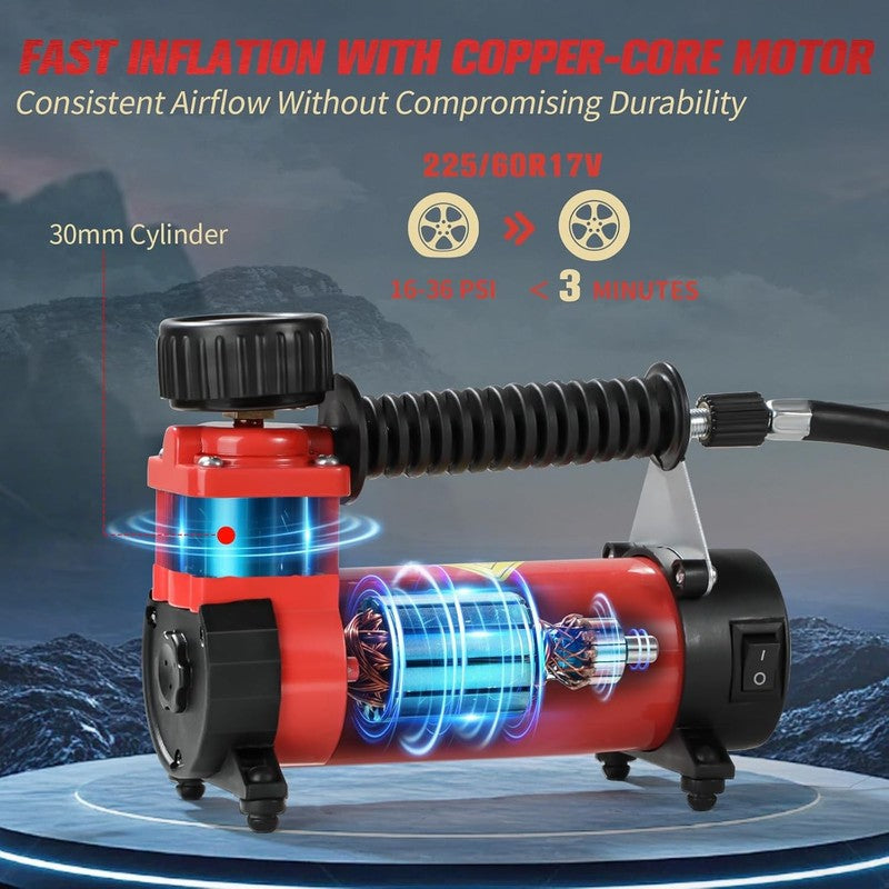 12V Tire Inflator Portable Air Pump | Copper Motor | w/Case & 3 Adapters1