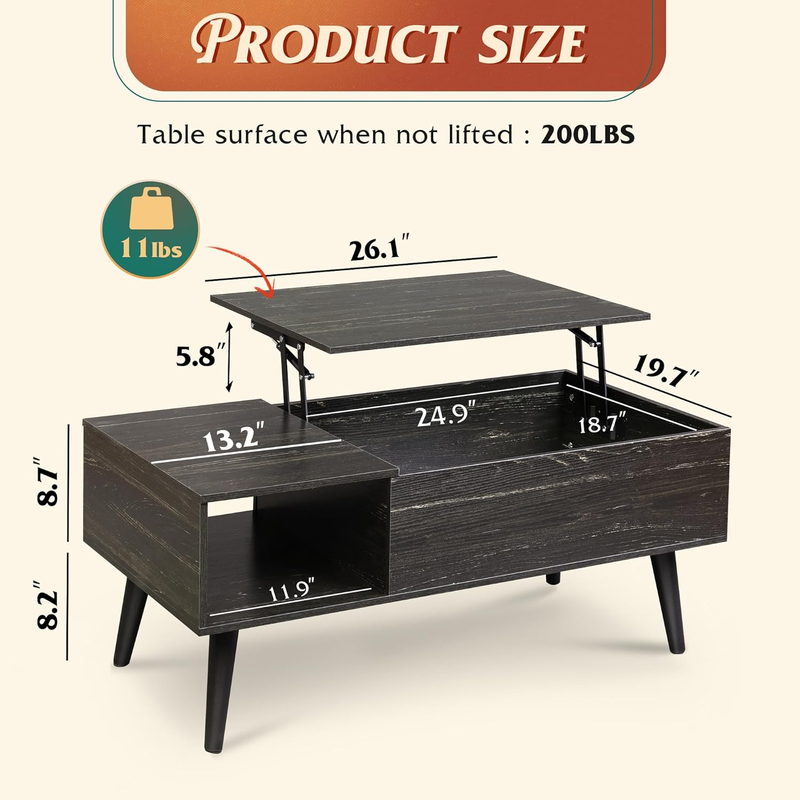 39" Lift-Top Coffee Table with Storage Shelf Black Oak2