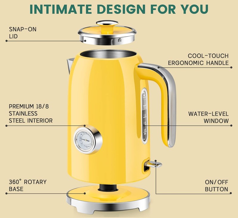 Electric Kettle 57Oz 1500W Stainless Steel Fast Boil w/ Thermometer Yellow1