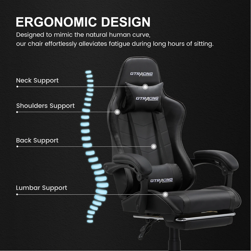 Ergonomic Gaming Office Chair GTWD 200 Adjustable Pillows Footrest Black7