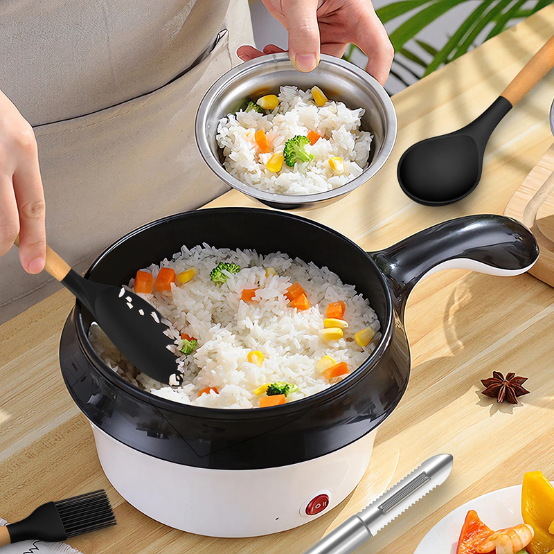 Silicone Kitchen Utensil Set Wooden Handle Holder Heat Resistant Black2