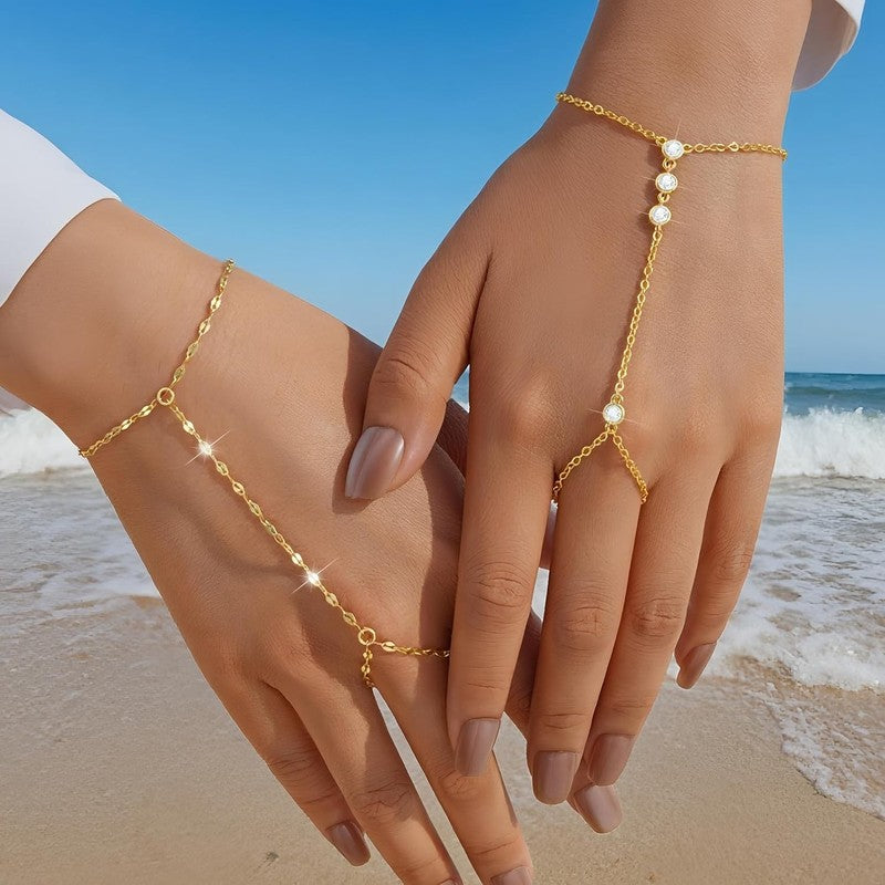 14K Gold Plated CZ Link Hand Chain Bracelet Set, 2 Pcs Jewelry for Women1