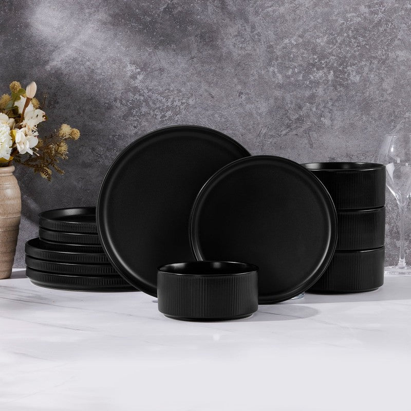 Dinnerware Set for 4, 12 Piece Premium Stoneware Ribbed Dishes, Chip & Scratch R1
