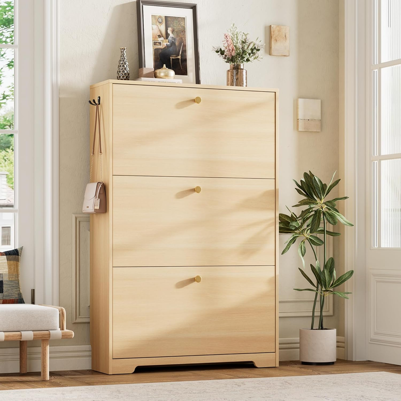 Slim Shoe Storage Cabinet Hidden Rack Organizer Entryway Hallway Natural Oak9