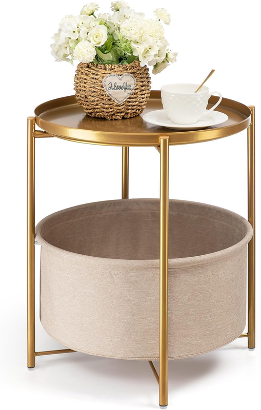 Round Side Table Nightstand with Fabric Basket & Removable Tray Gold0