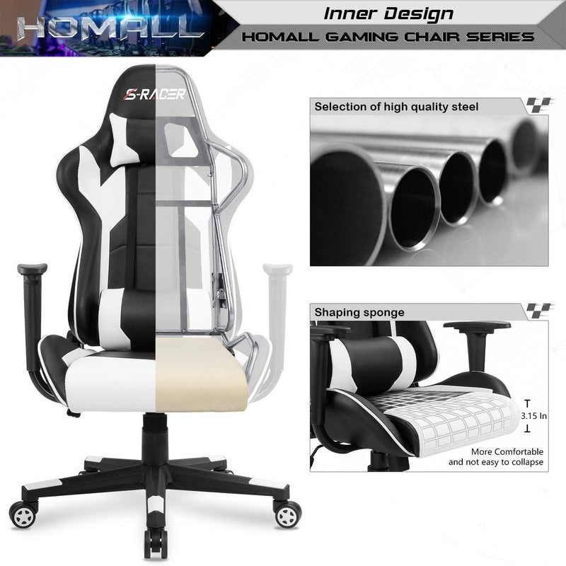 Ergonomic Gaming Chair with Headrest & Lumbar Support - White High Back Office C5