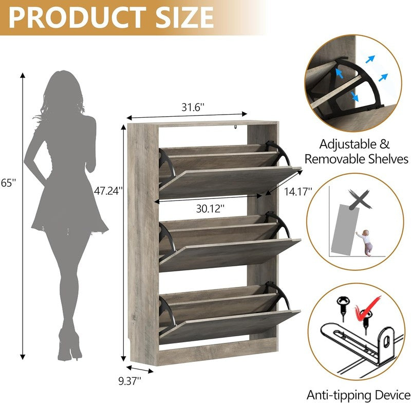 47'' Shoe Cabinet 3 Flip Drawers Slim Wood Storage Rack Organizer Entryway Grey1