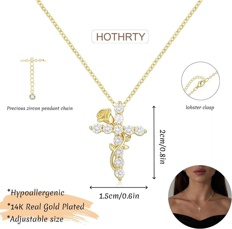 14K Gold Plated Cross Necklace Women Dainty Rose Flower Pendant4