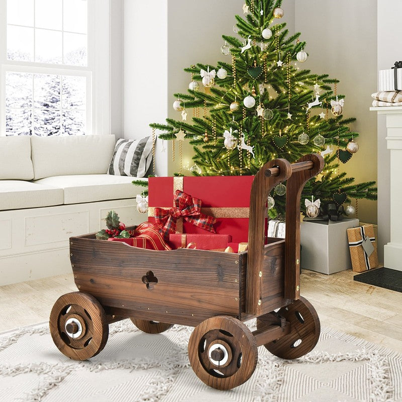 Decorative Wagon Cart Plant Flower Pot Stand Wooden Raised Garden Planter Box3