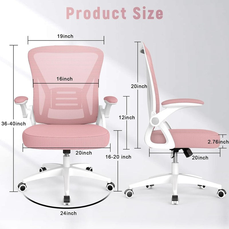 Ergonomic Mesh Office Chair Adjustable Height Flip Up Arms Lumbar Pink2