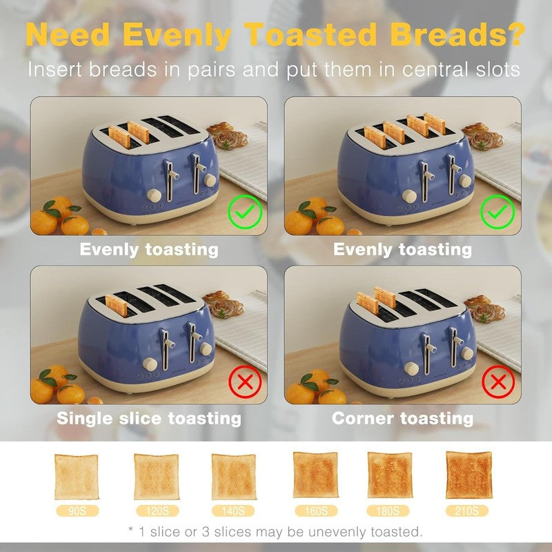 Retro 4 Slice Toaster Stainless Steel Extra Wide Slots Bagel Defrost Cancel Blue3