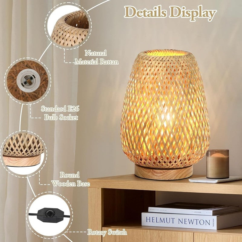 Rattan Table Lamp Dimmable Small Bedside Wicker Nightstand Wooden LED3