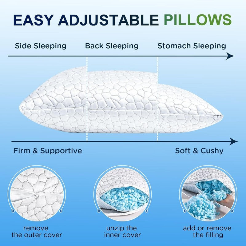Cooling Queen Pillows Set of 2 Adjustable Memory Foam CertiPUR-US4