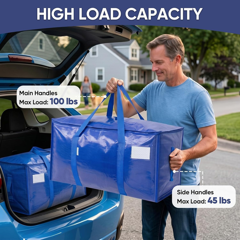 6 Pack Extra Large Heavy Duty Moving Bags Zipper Storage Totes Blue9
