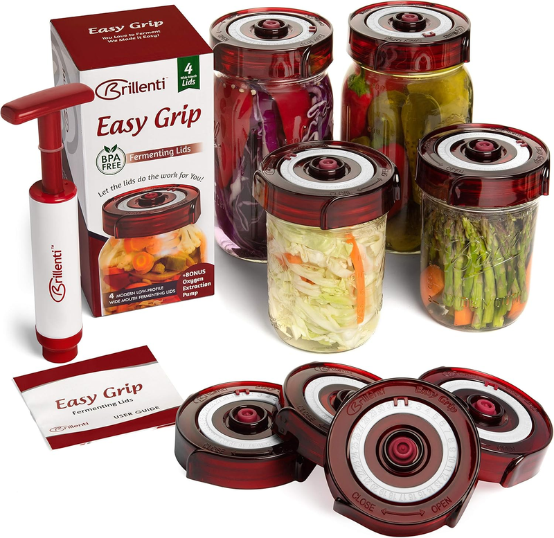 4 Waterless Fermenting Lids for Mason Jars + Pump, Tracks Date, Easy Grip8